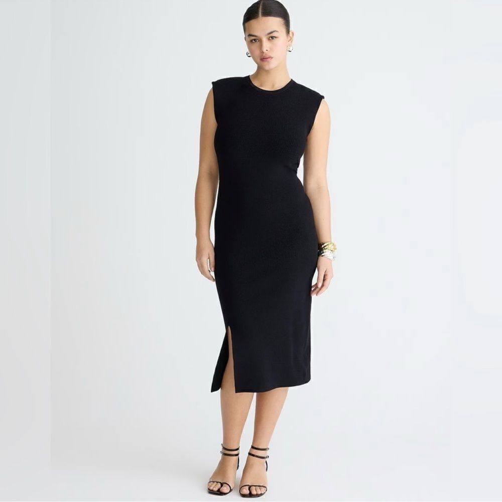 J.CREW Ribbed Midi Dress XS Black Side Slit Sleek Minimalist Workwear Office NWT